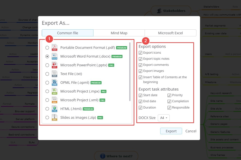 Mindomo export options